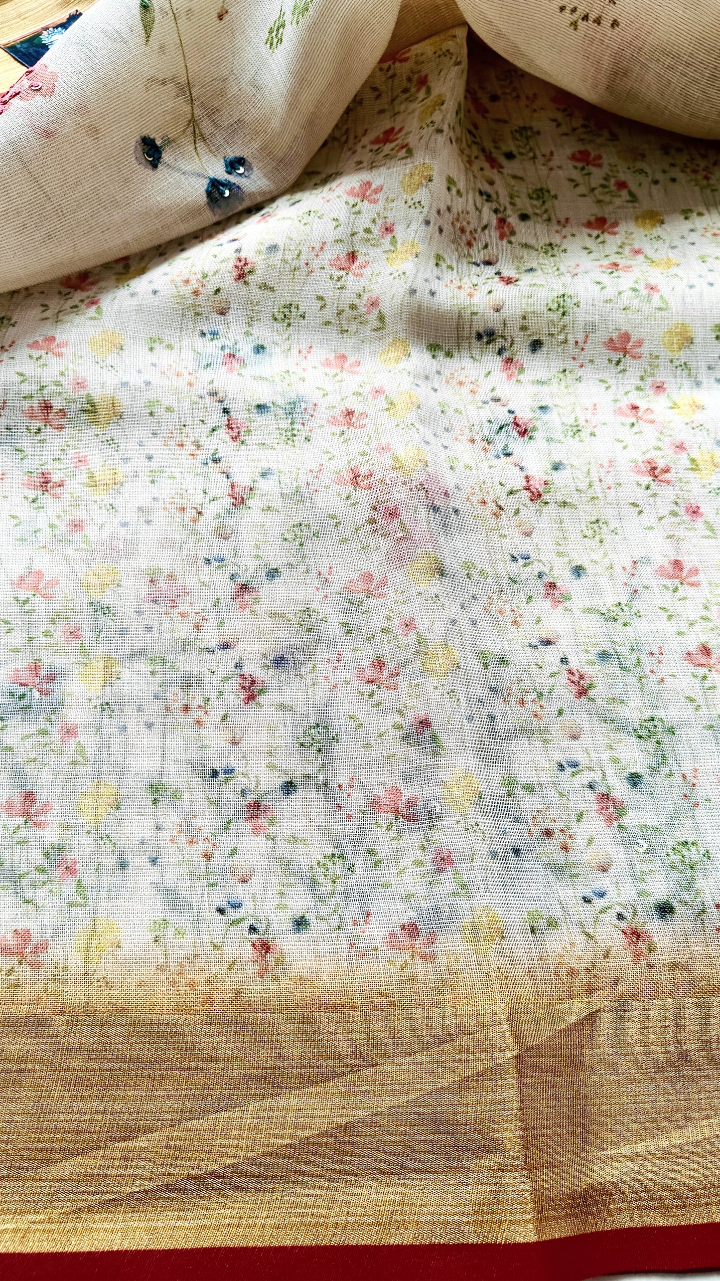 Golden white pure hand painted linen saree