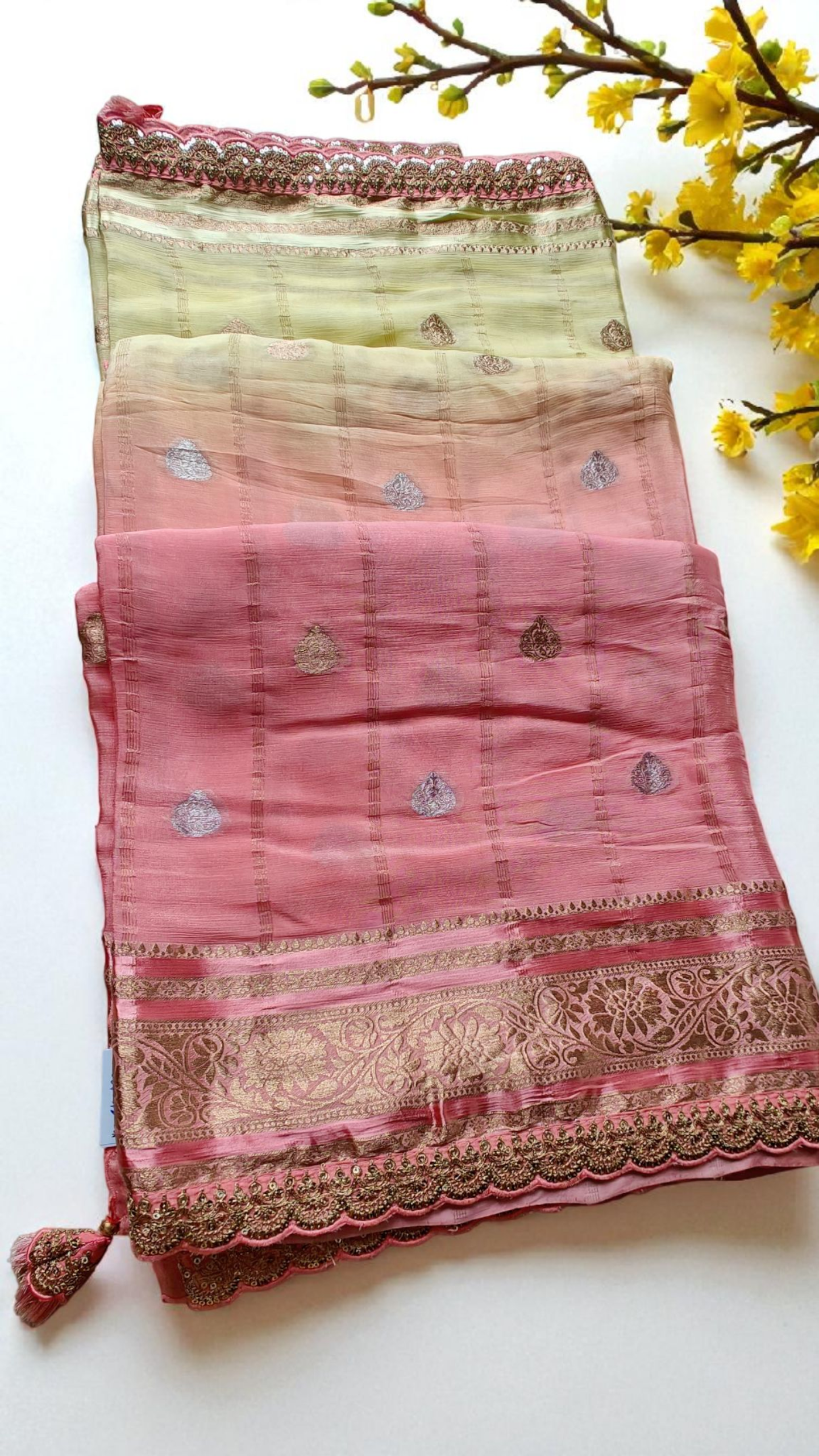 Yellow & peach pure chinnon silk