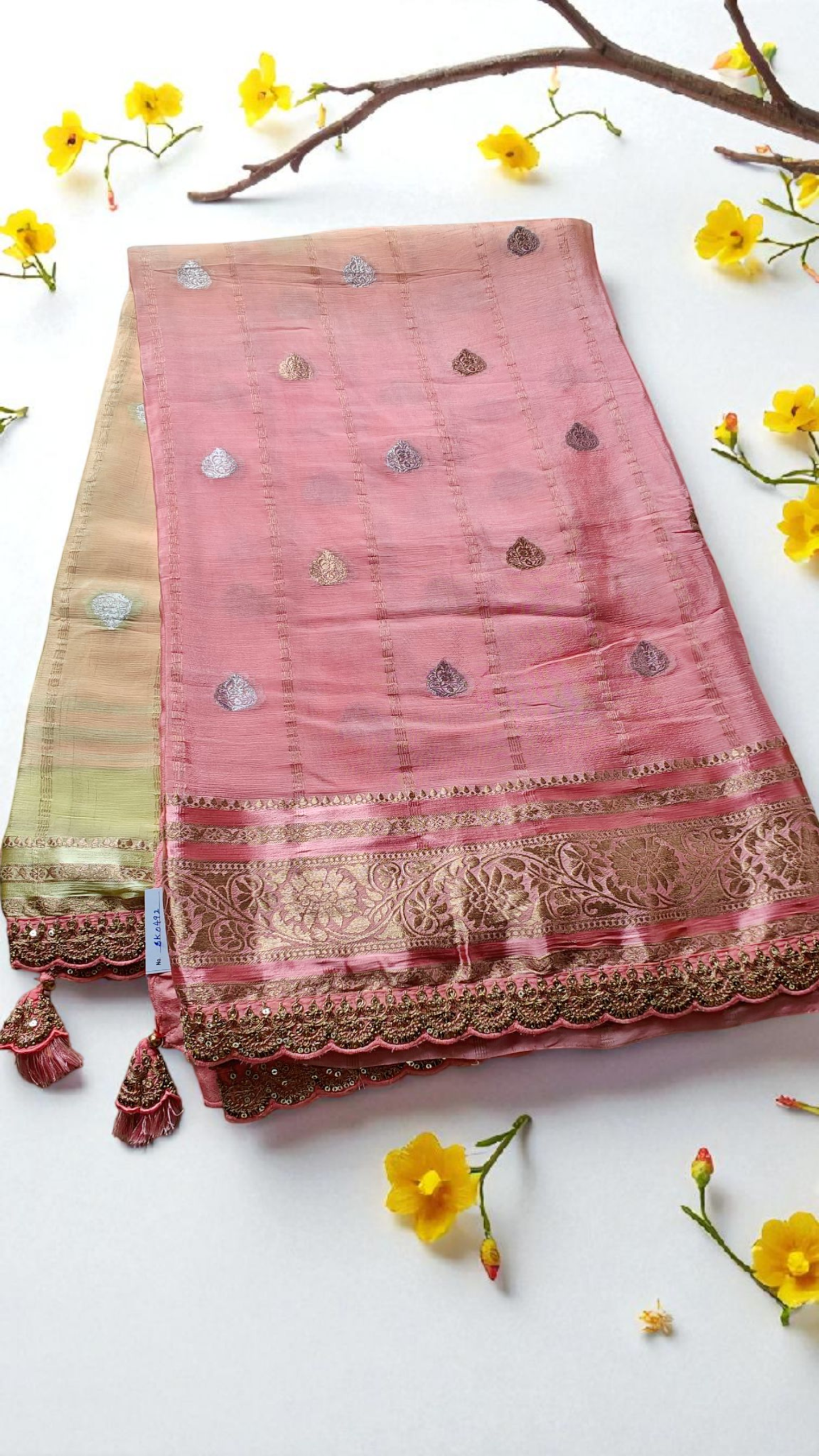 Yellow & peach pure chinnon silk