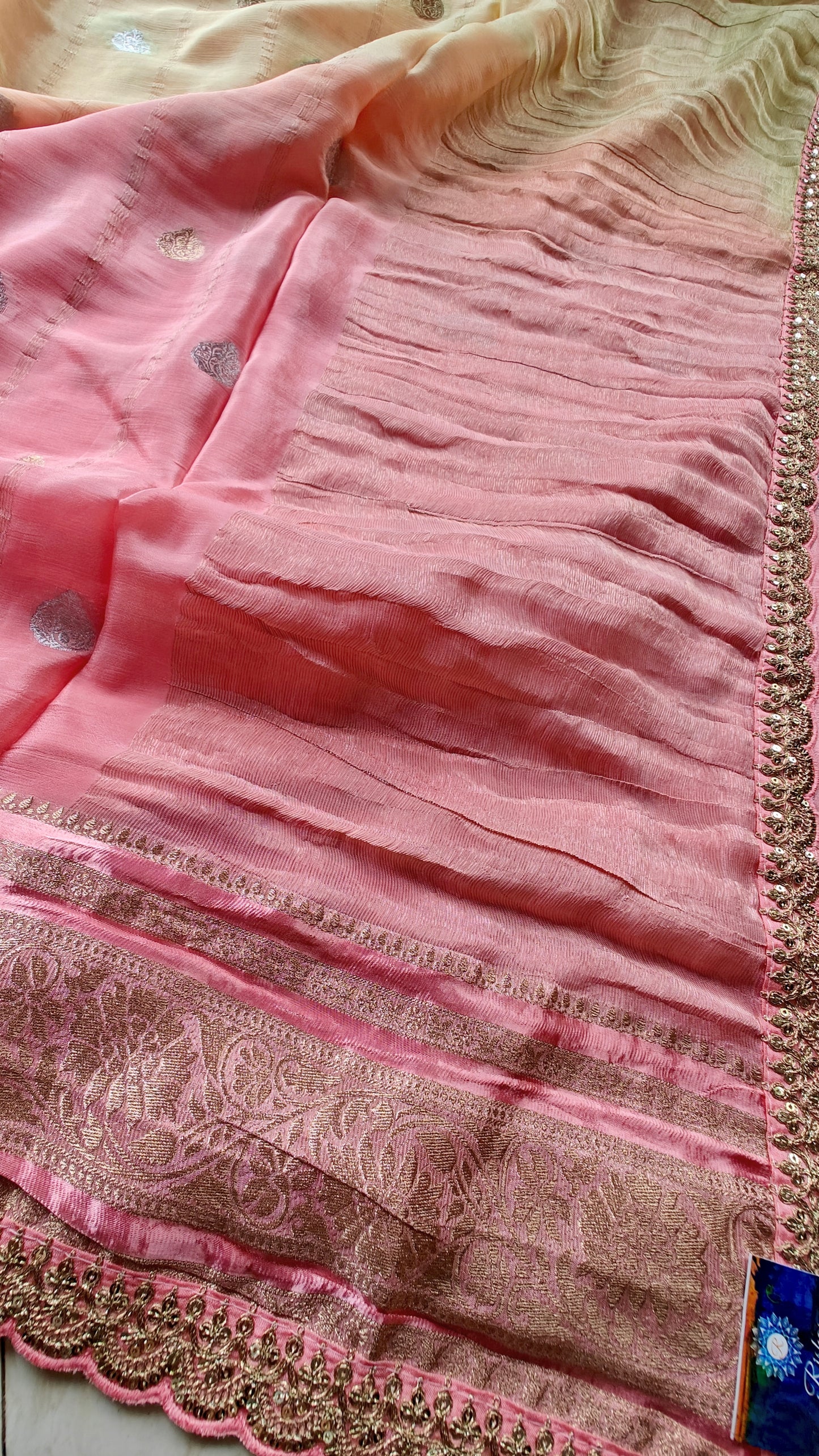 Yellow & peach pure chinnon silk