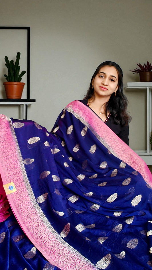 Navy blue & Pink Pure Chinnon silk