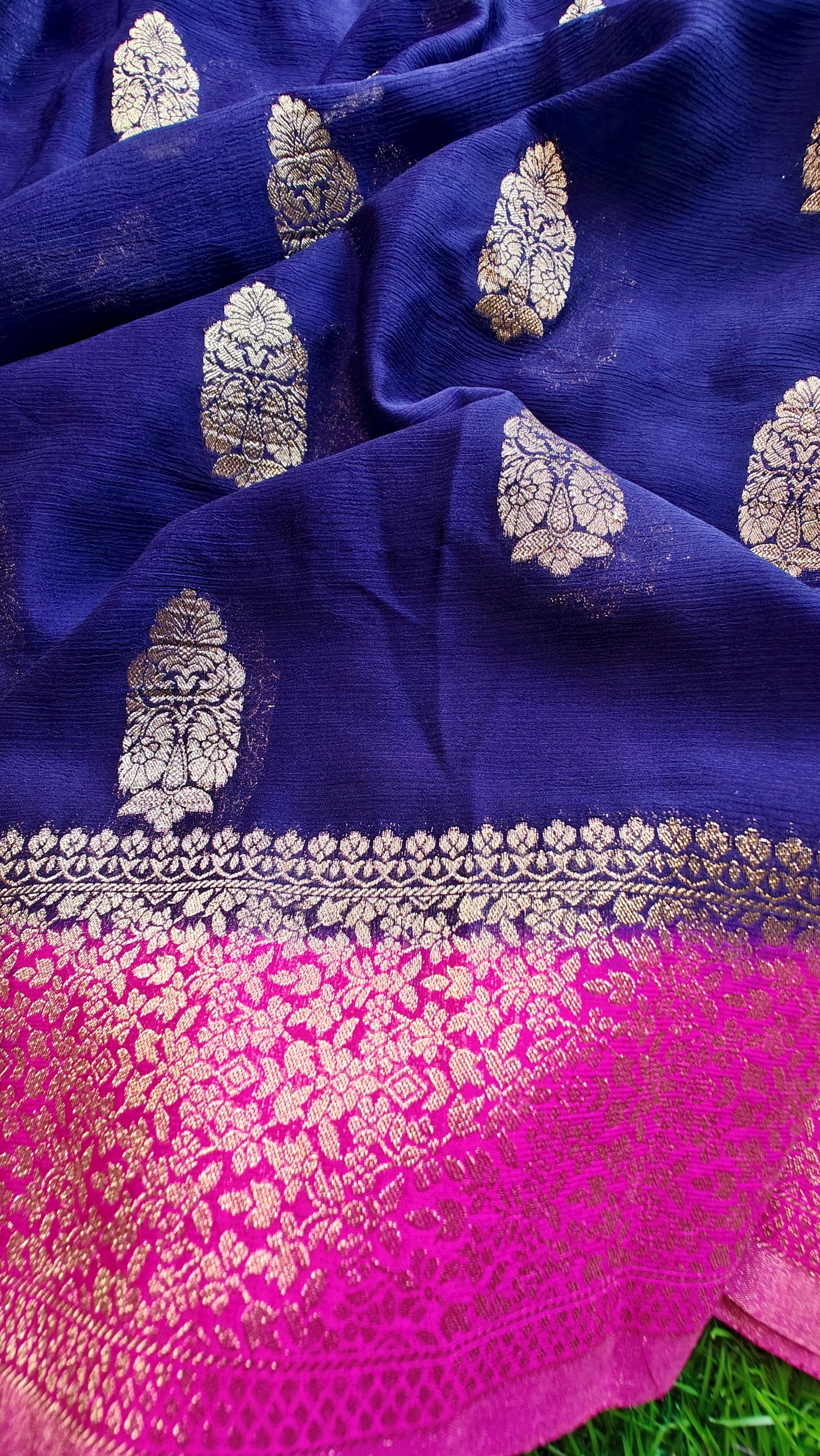 Navy blue & Pink Pure Chinnon silk
