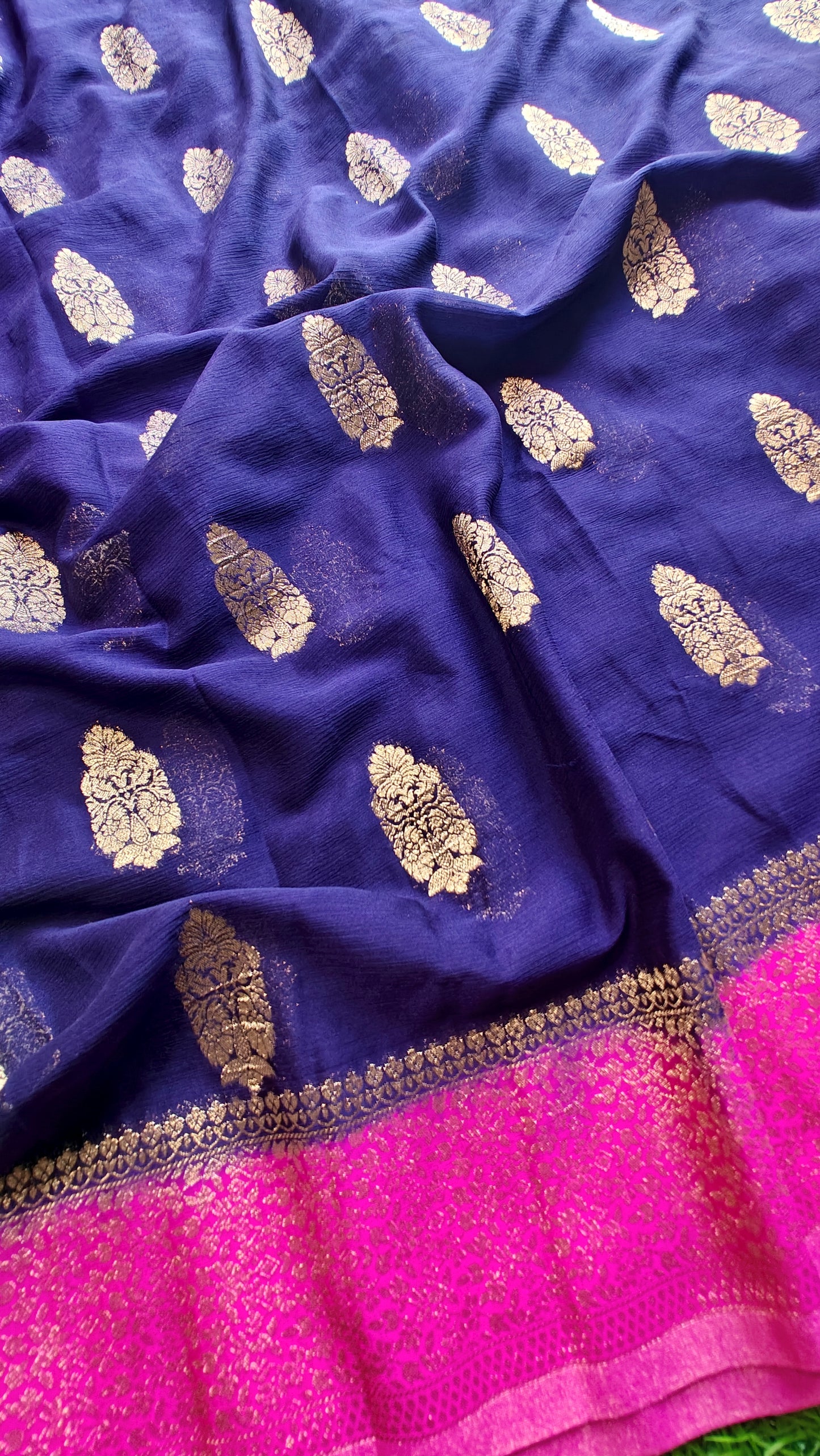 Navy blue & Pink Pure Chinnon silk