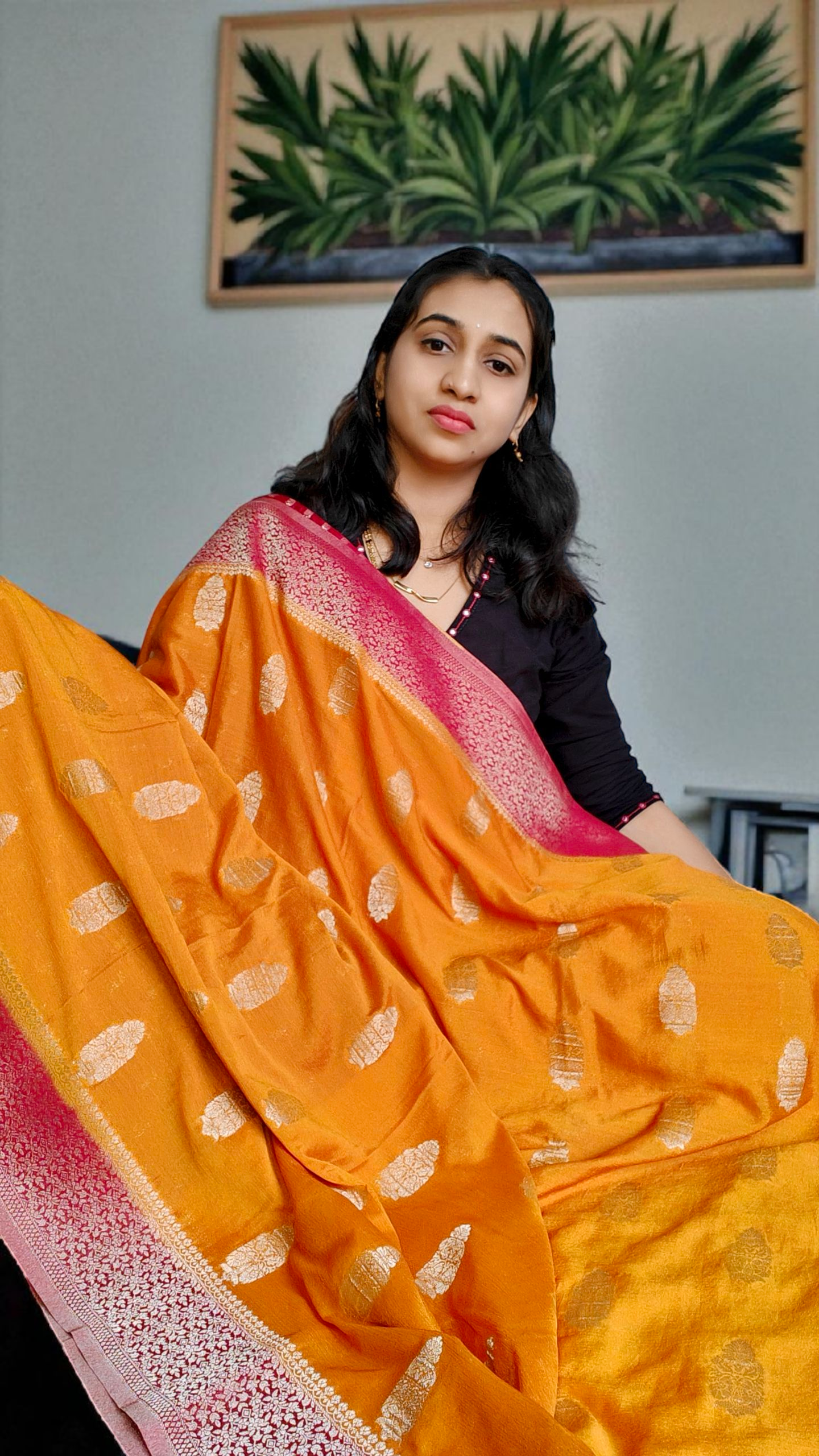 Golden Yellow & maroon Pure chinnon silk