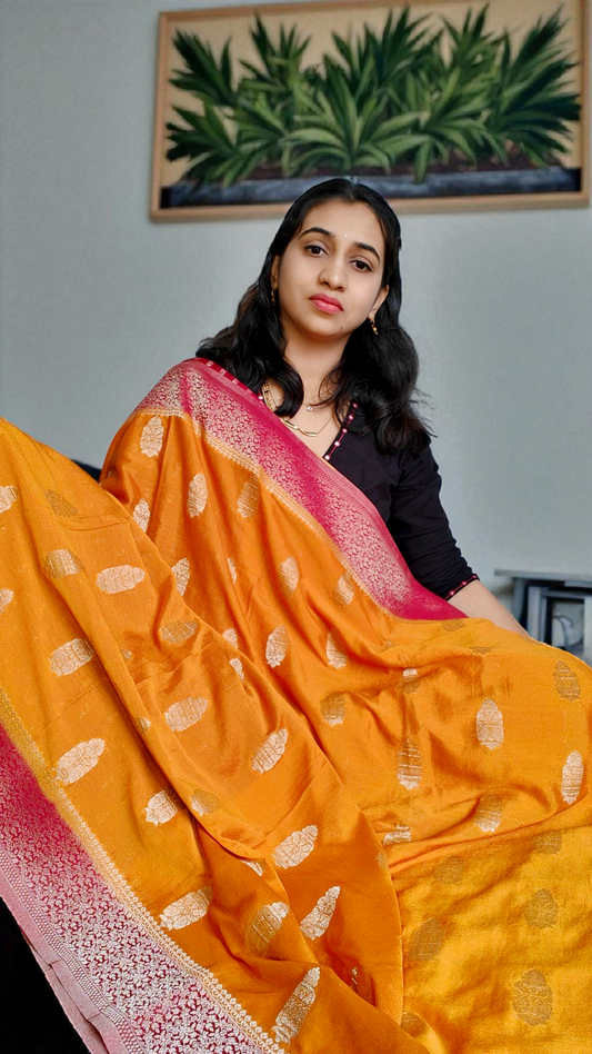 Golden Yellow & maroon Pure chinnon silk