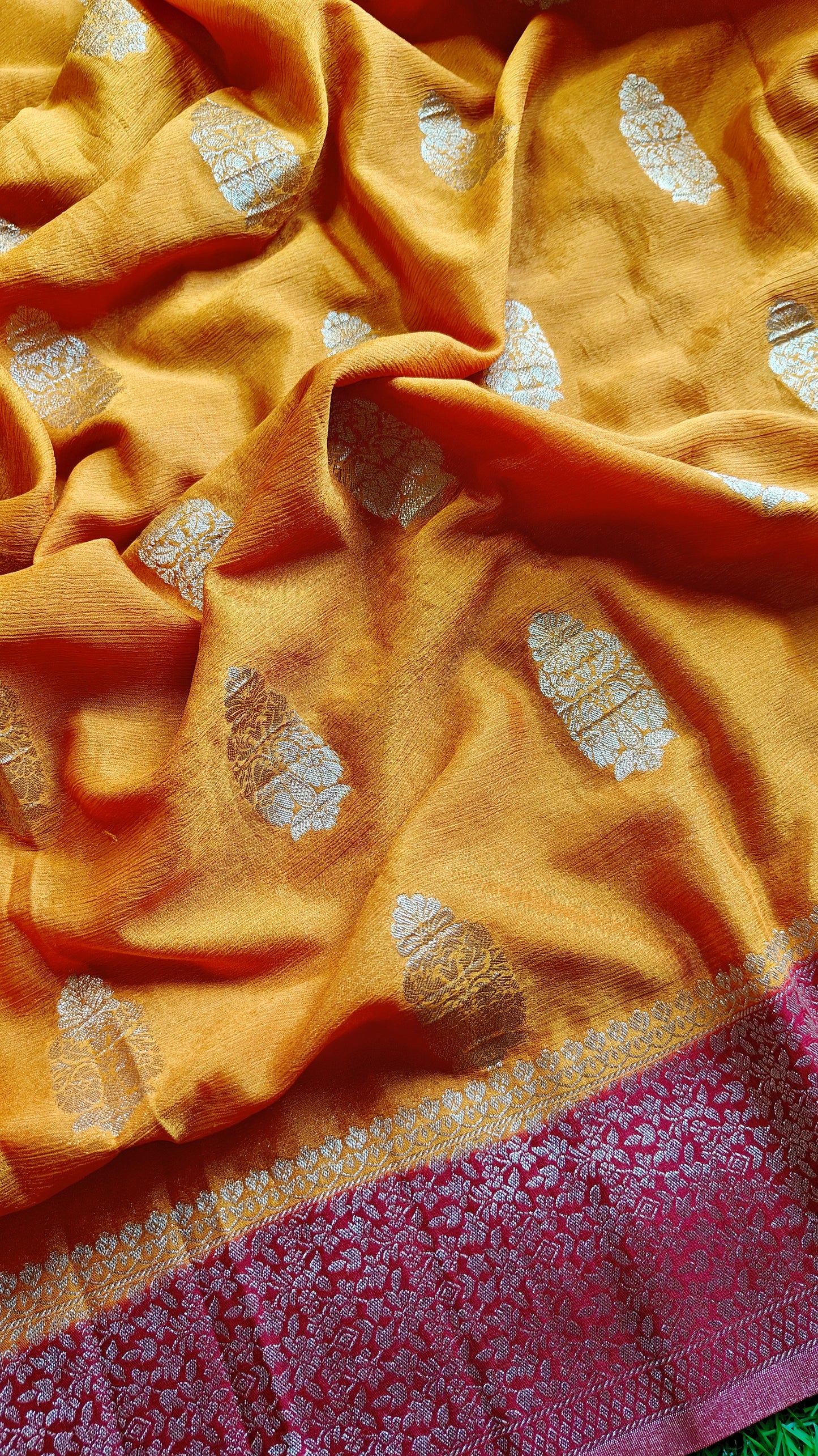 Golden Yellow & maroon Pure chinnon silk