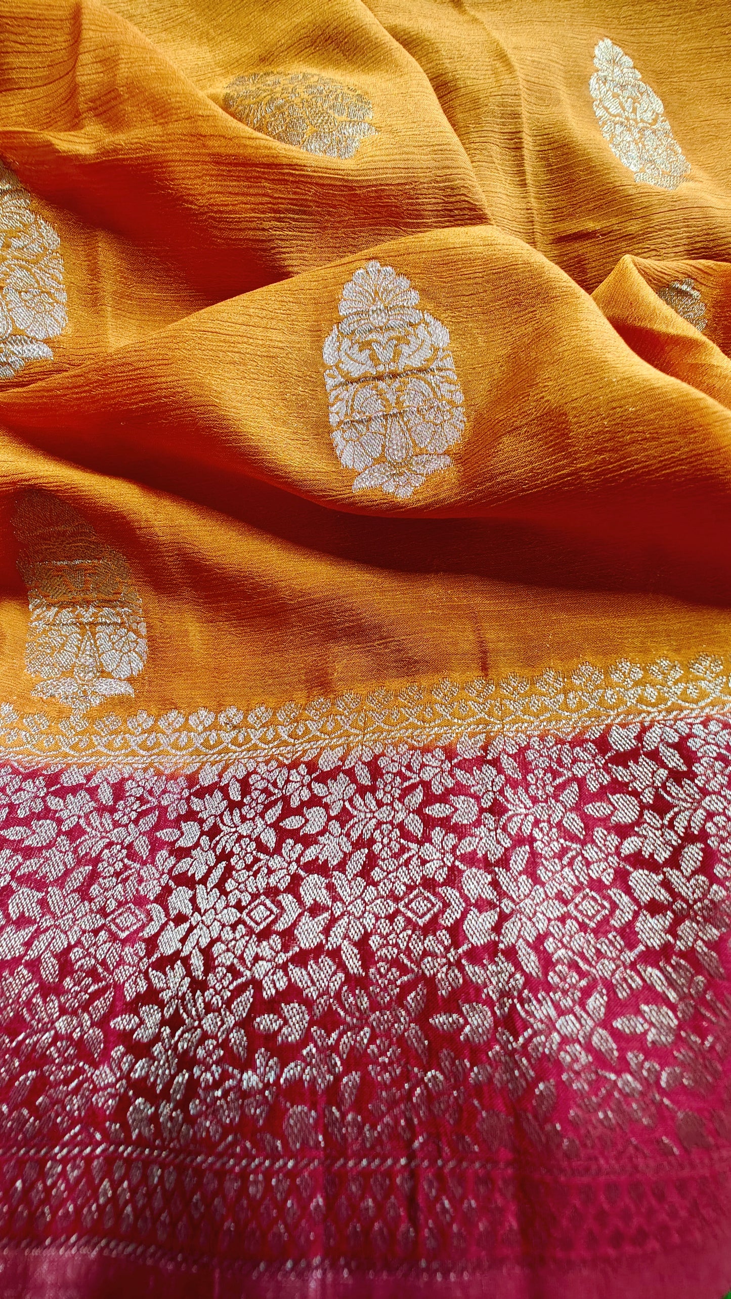 Golden Yellow & maroon Pure chinnon silk