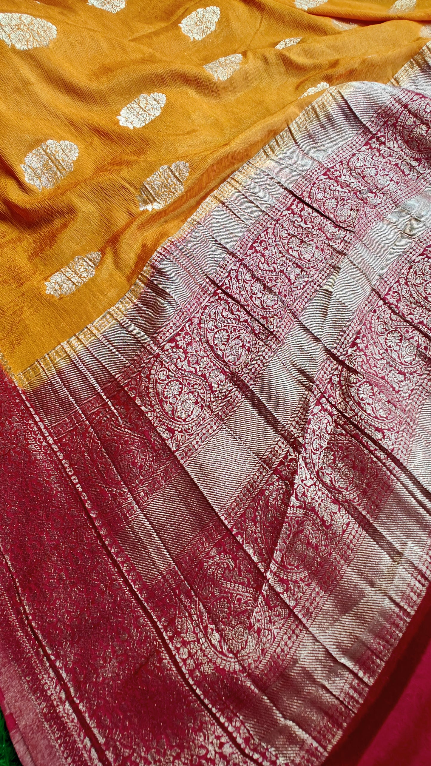 Golden Yellow & maroon Pure chinnon silk