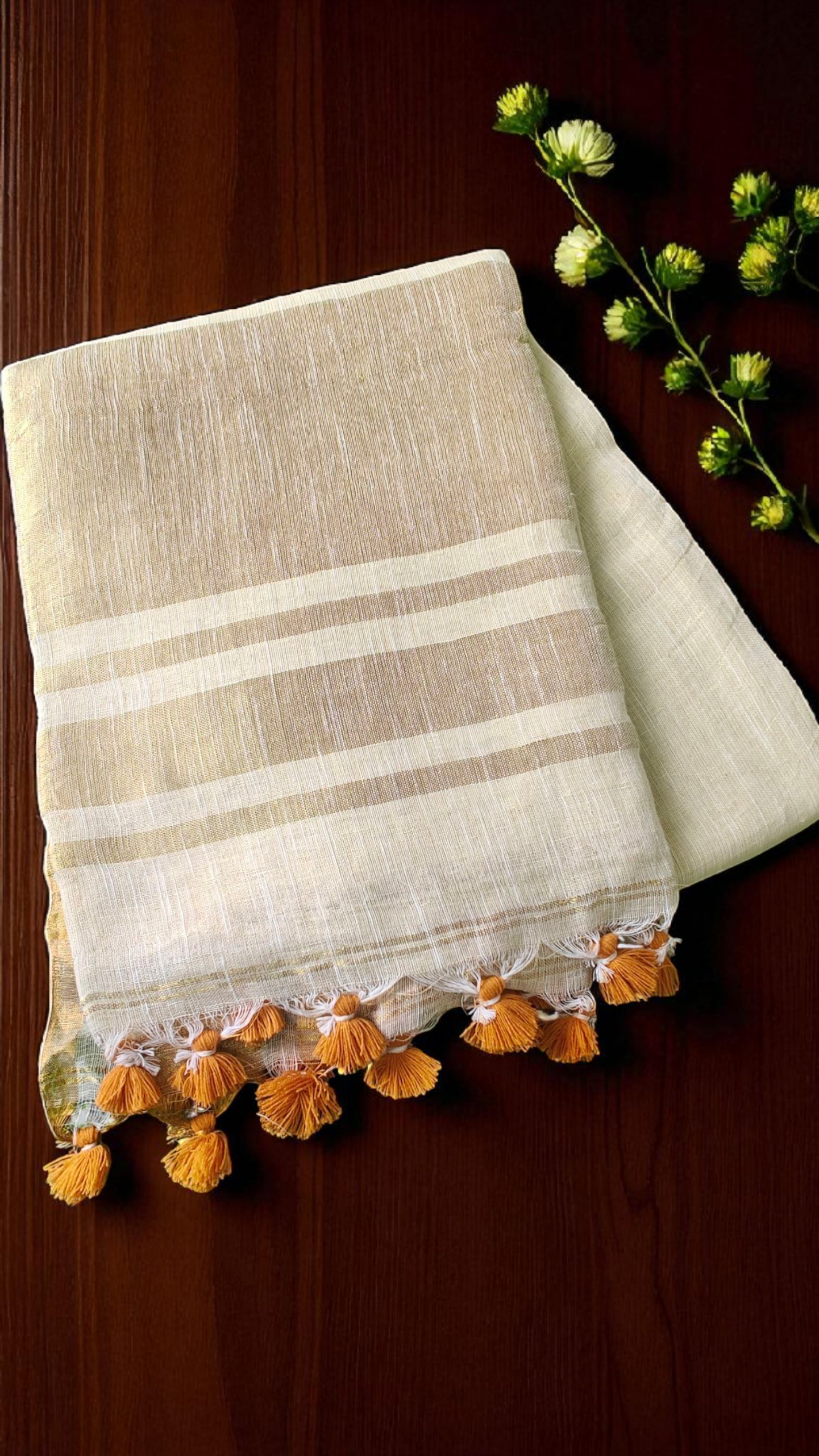 Off white & golden pure lenin saree