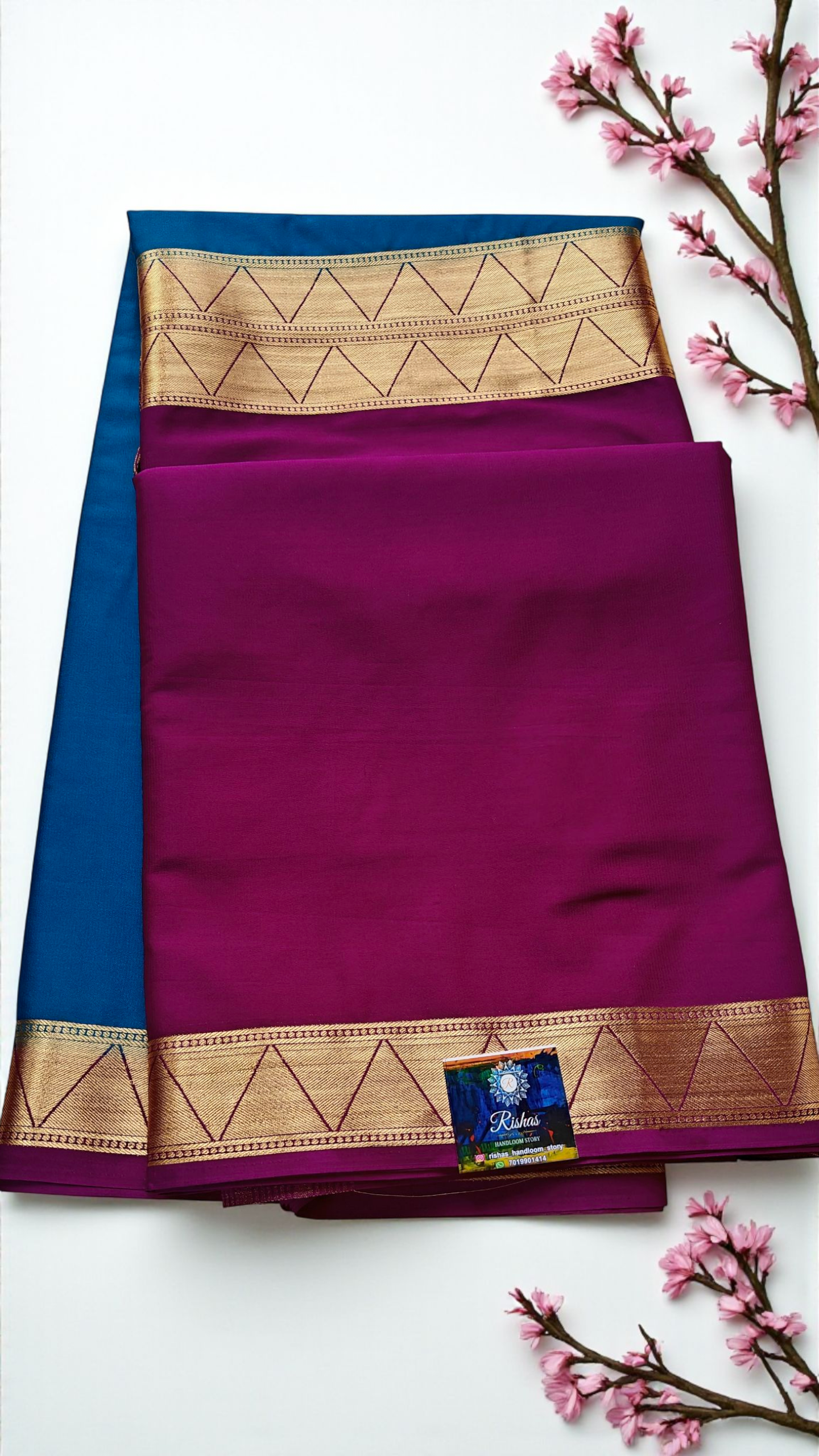 Peacock Blue & Purple Semi Crepe Silk