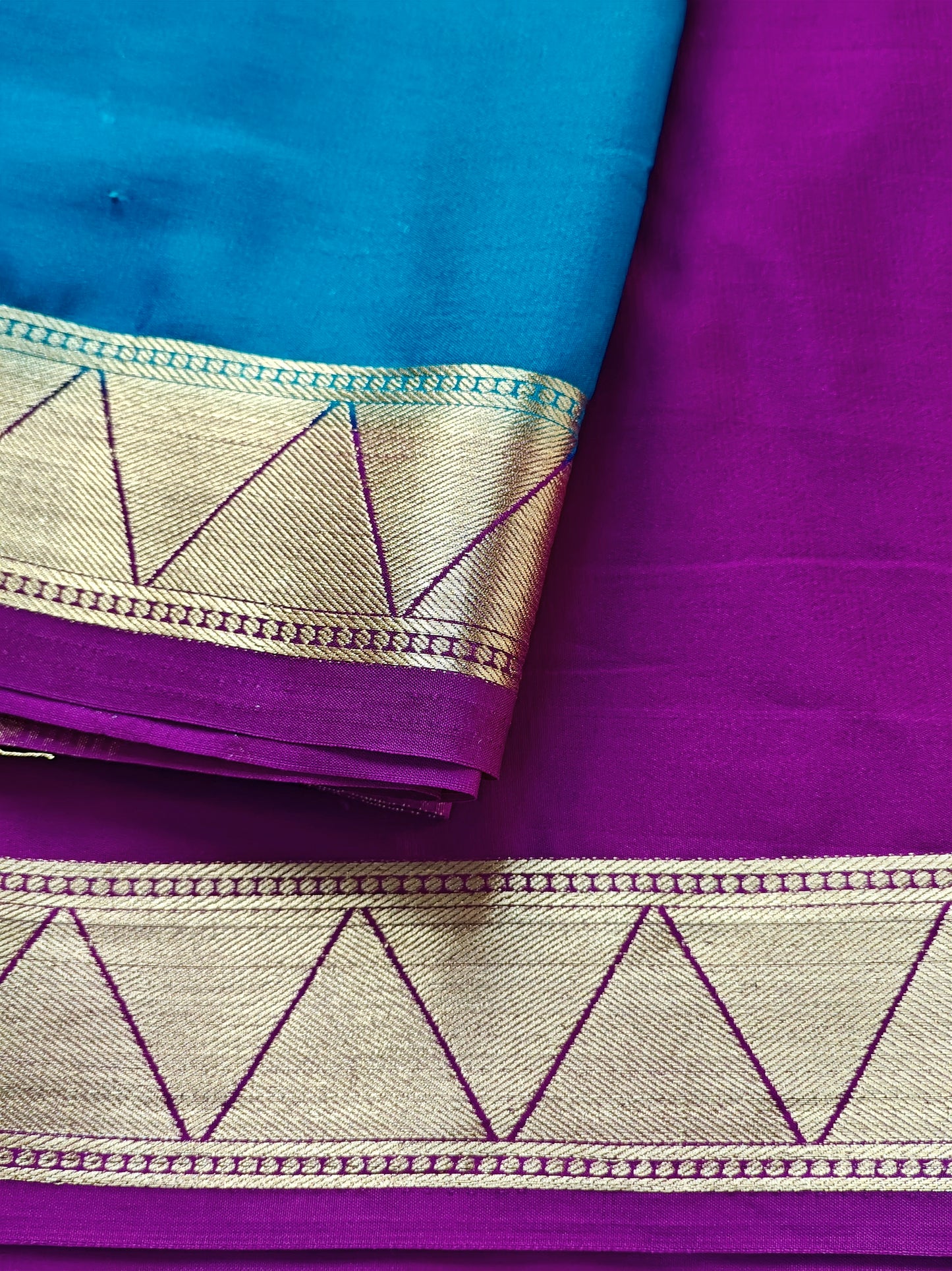 Peacock Blue & Purple Semi Crepe Silk