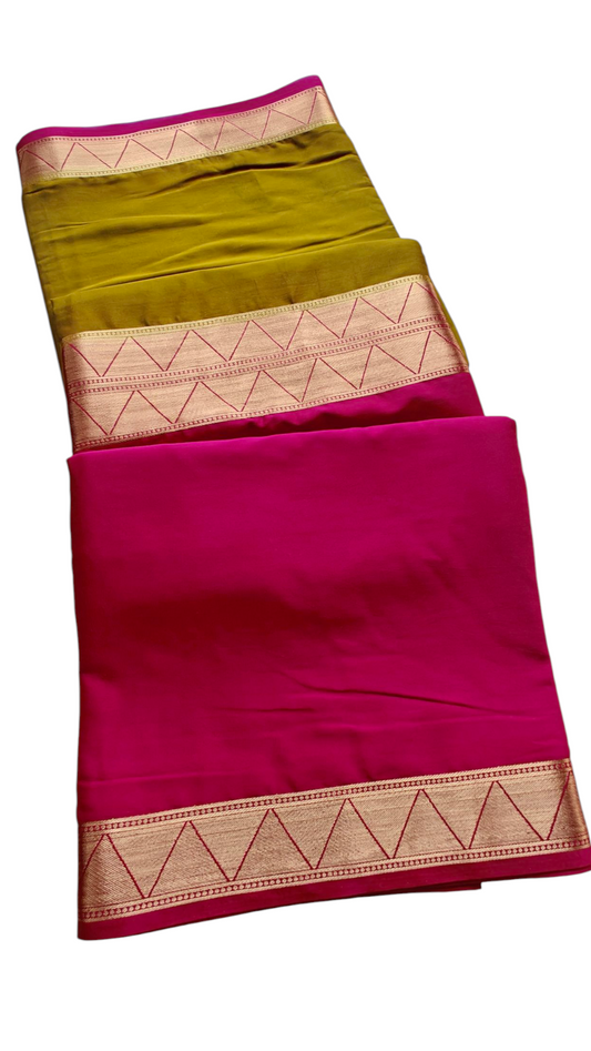 Mehendi Green & Rani Pink Semi Crepe Silk