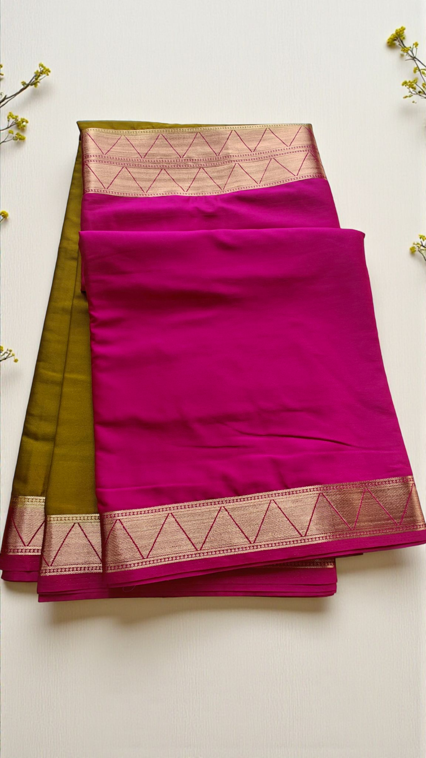 Mehendi Green & Rani Pink Semi Crepe Silk