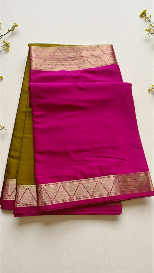 Mehendi Green & Rani Pink Semi Crepe Silk