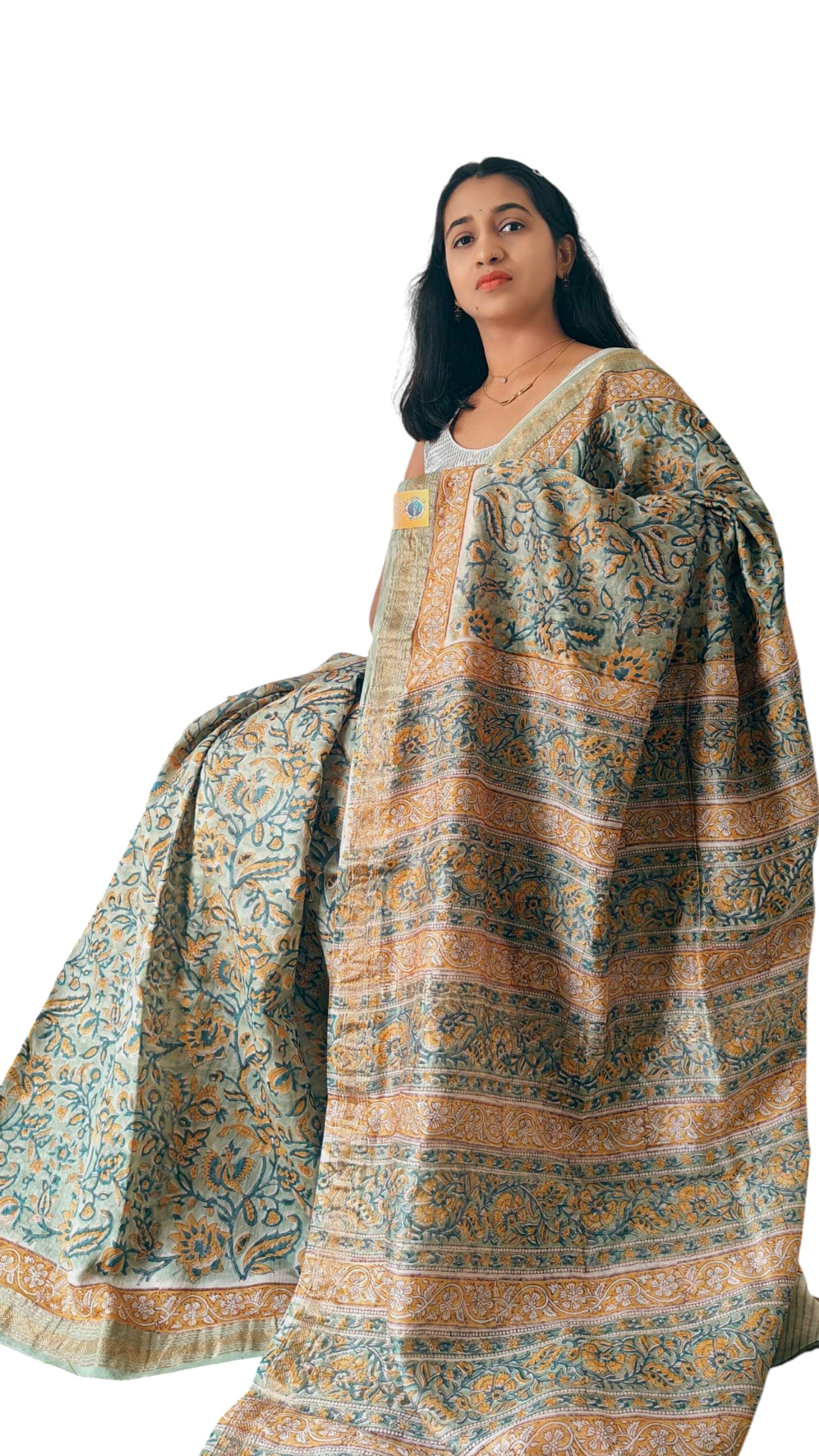 Pastel Green floral Maheshwari silk cotton saree