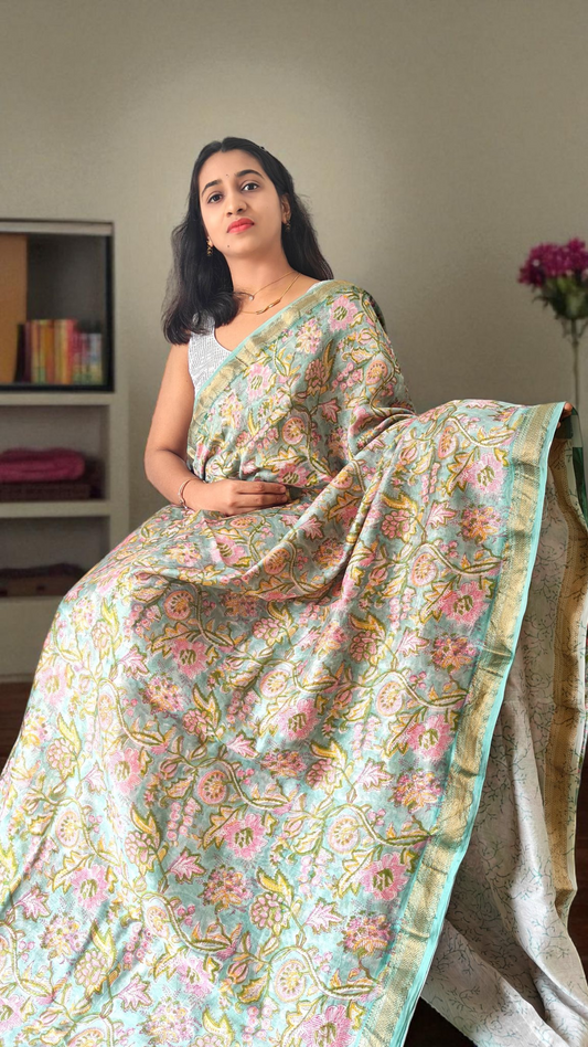 Pastel green & pink Maheshwari silk cotton saree