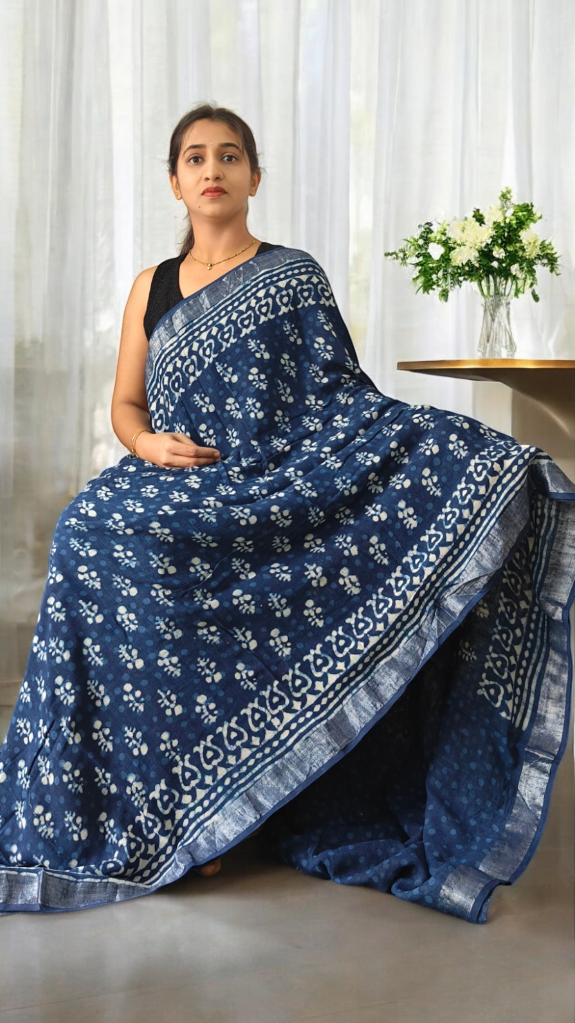 Aarna Indigo block print Linen saree