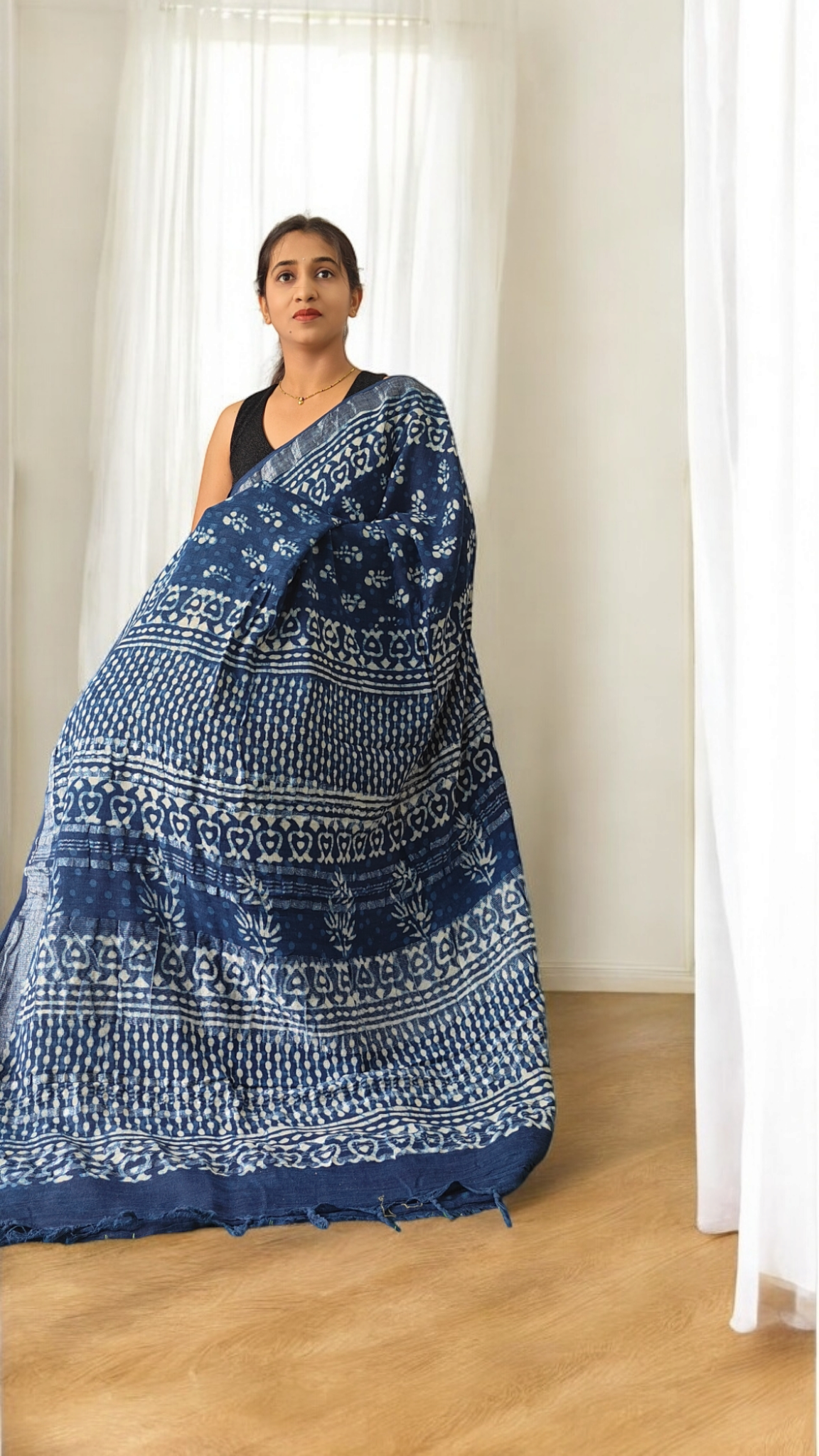 Aarna Indigo block print Linen saree