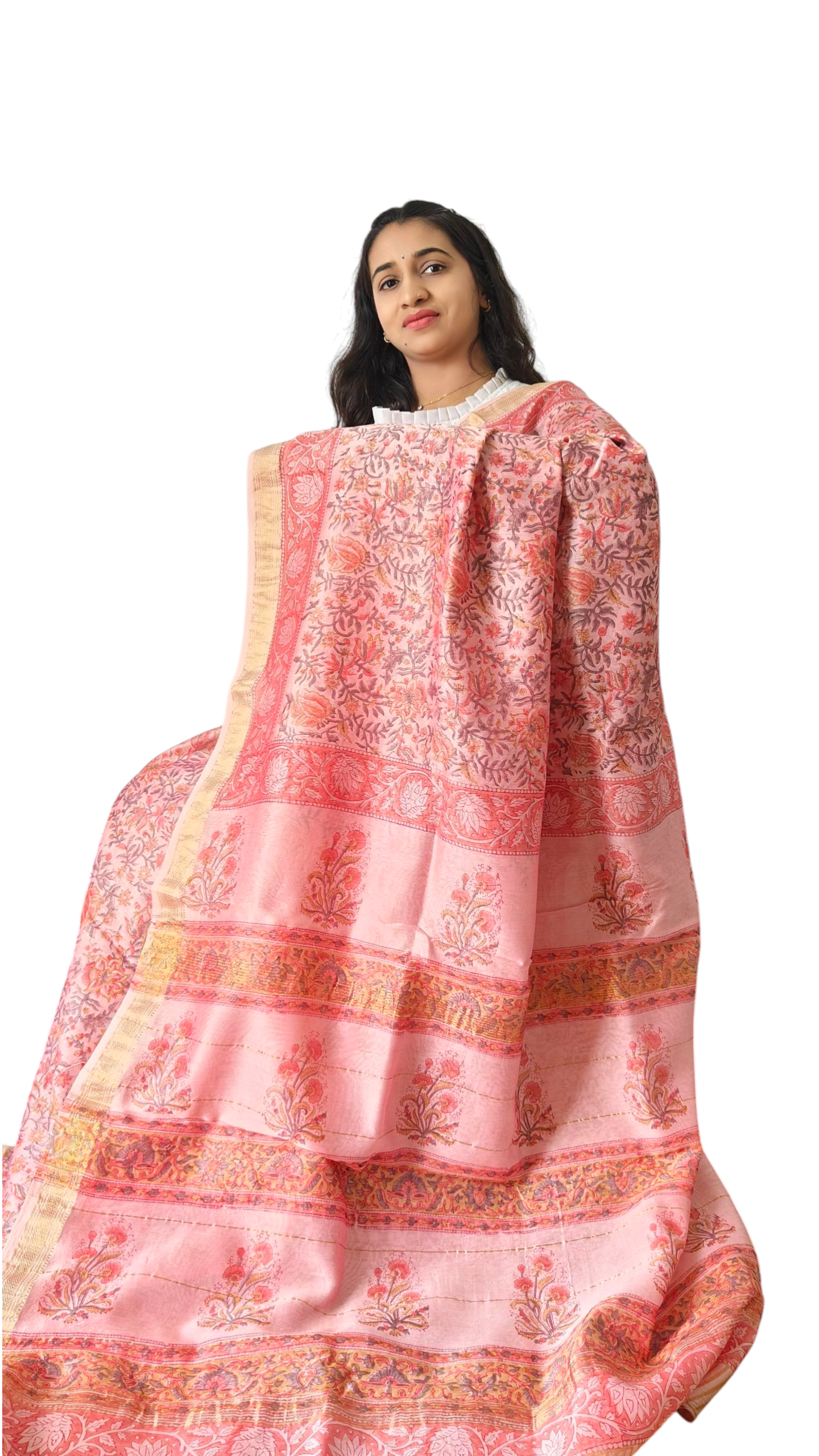 Peach color floral Maheshwari silk cotton saree