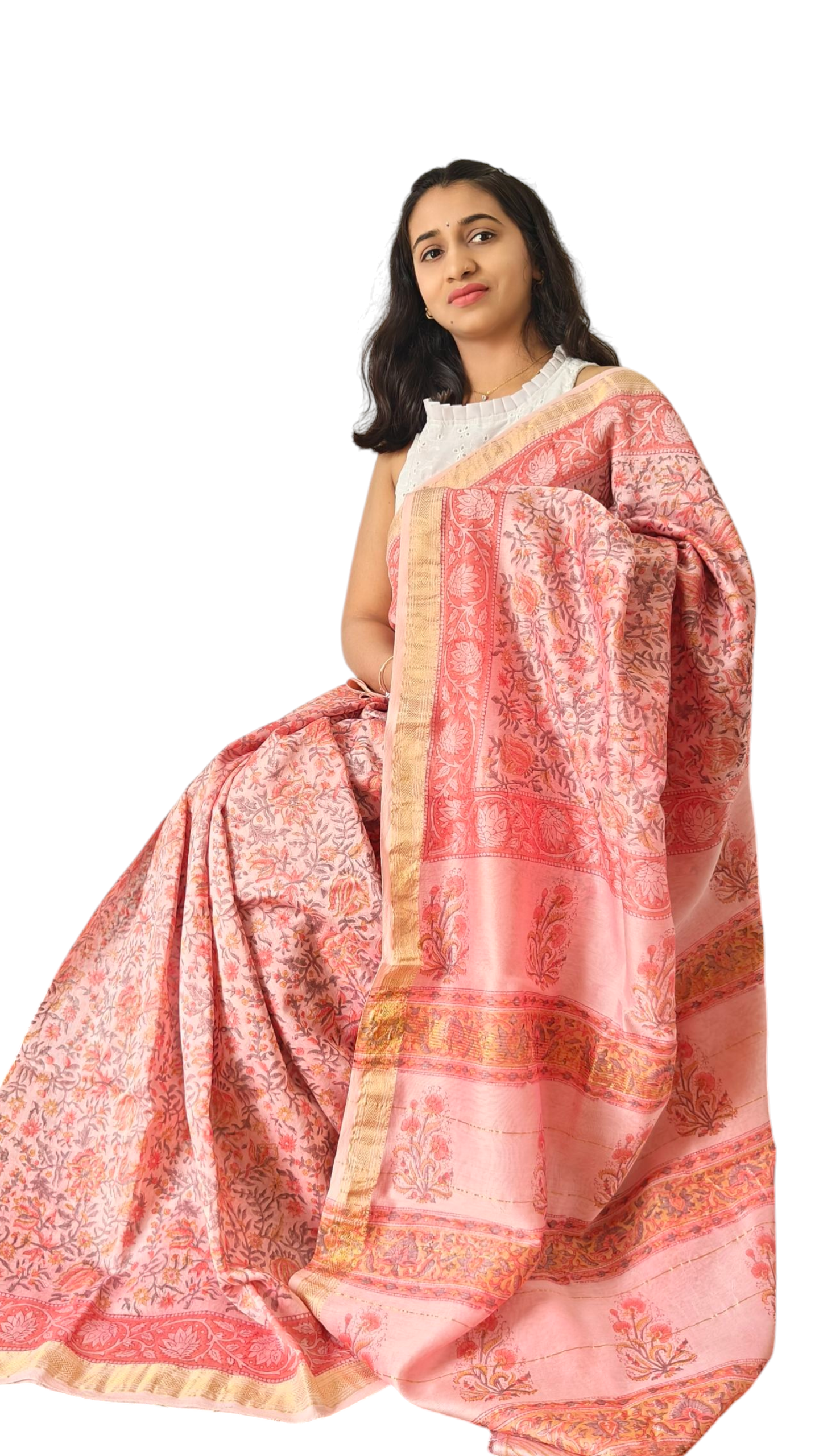 Peach color floral Maheshwari silk cotton saree