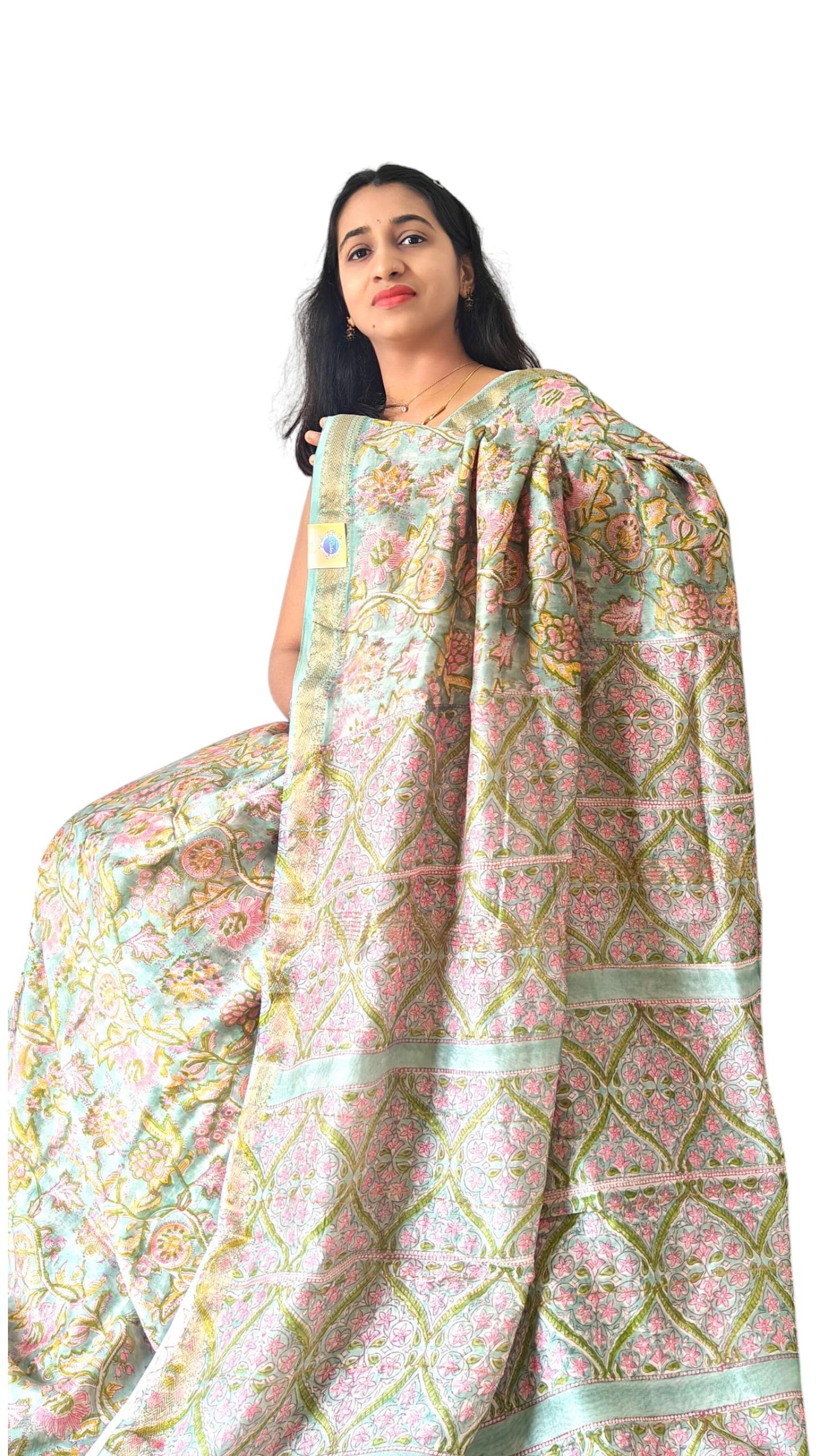 Pastel green & pink Maheshwari silk cotton saree