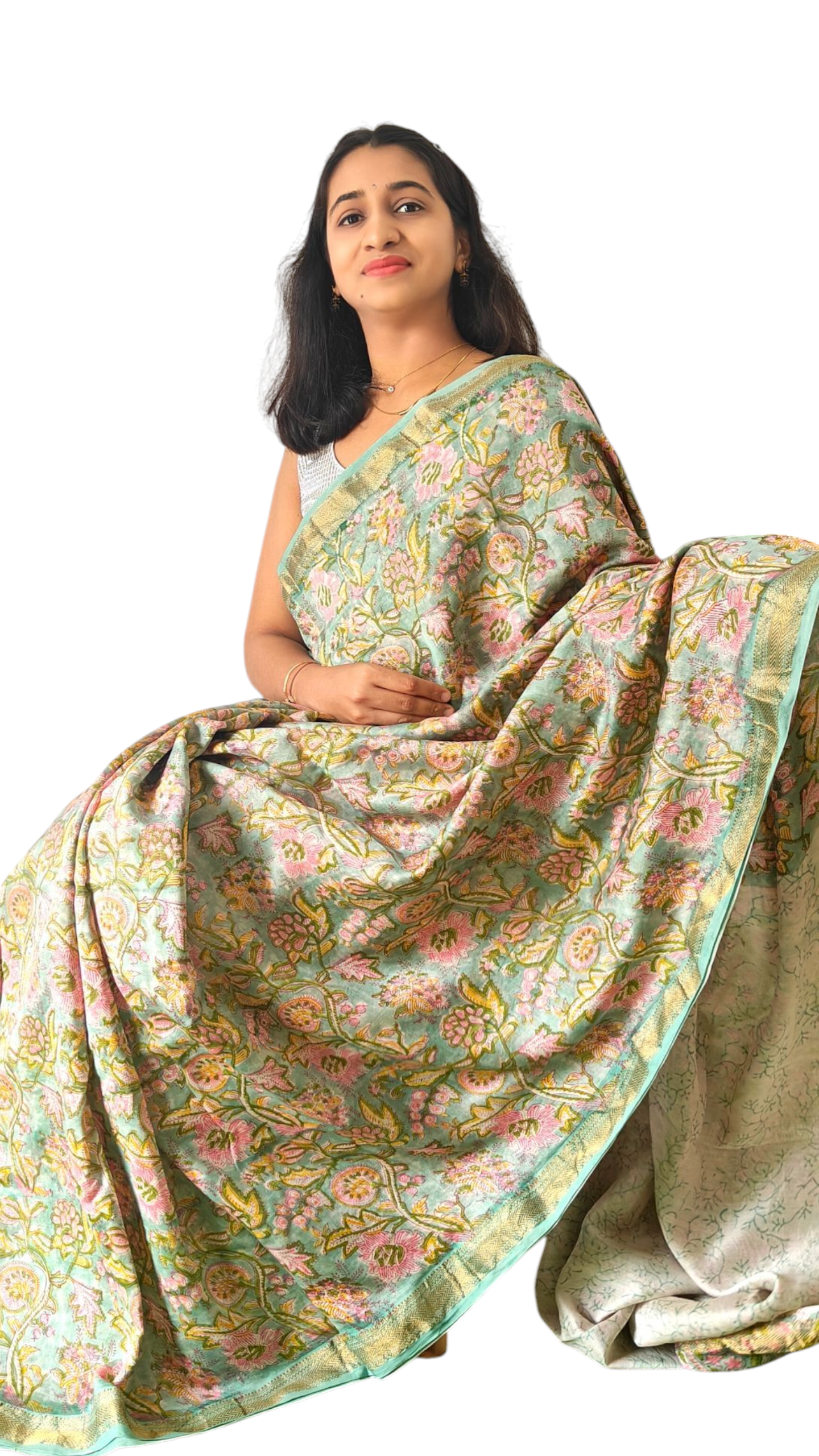 Pastel green & pink Maheshwari silk cotton saree