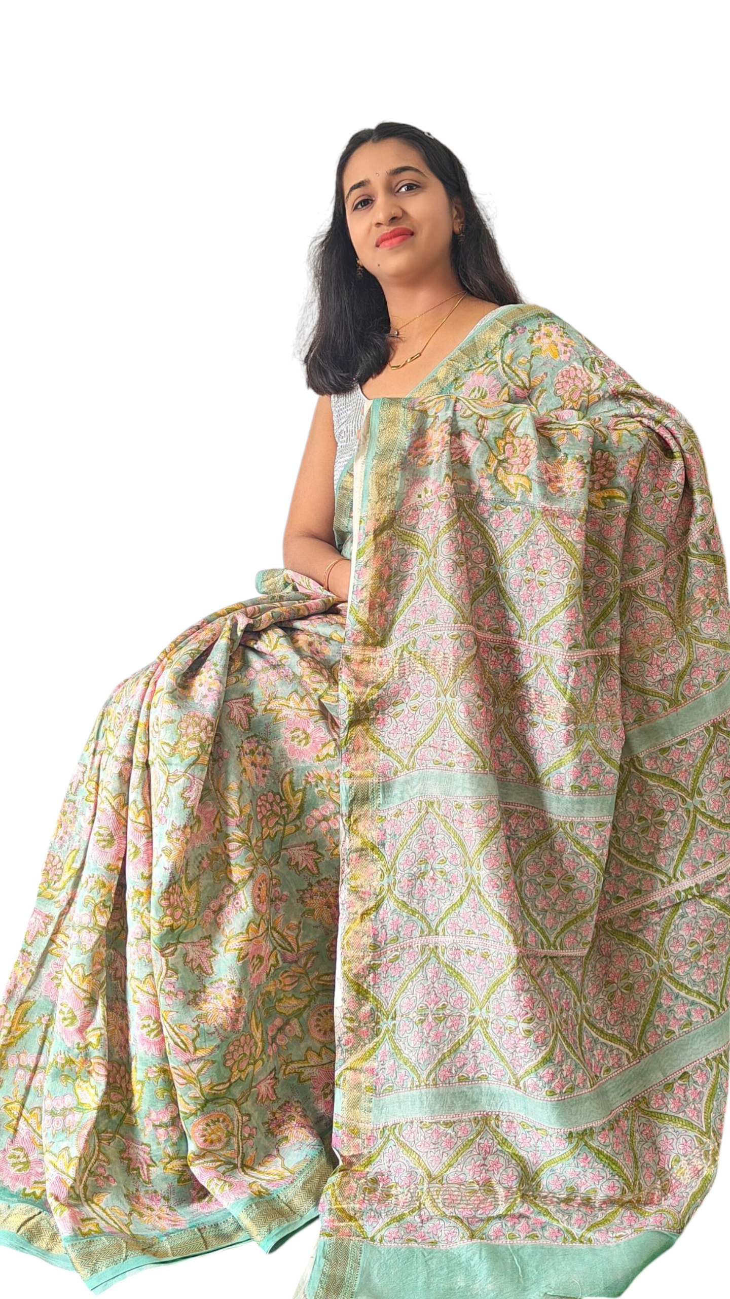 Pastel green & pink Maheshwari silk cotton saree